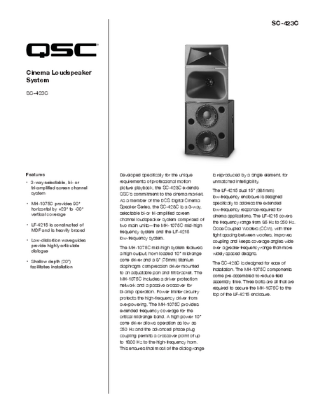 Specifications Sheet for the DCS-SC-423C Loudspeaker