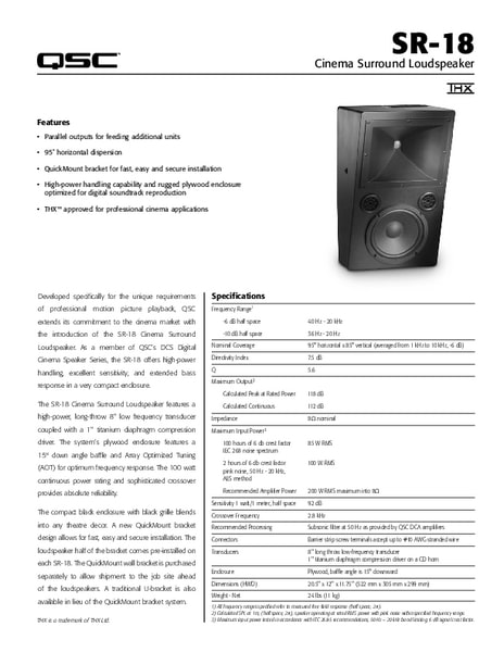 Specification sheet for DCS SR-18 passive cinema speakers