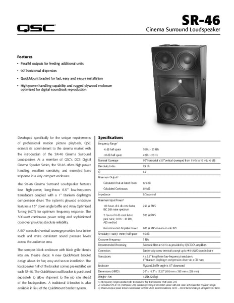 Specification sheet for DCS SR-46 passive cinema speakers