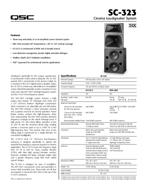 Specifications Sheet for the SC-323 Cinema Loudspeaker