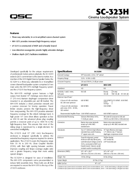 Specifications Sheet for the SC-323H Cinema Loudspeaker