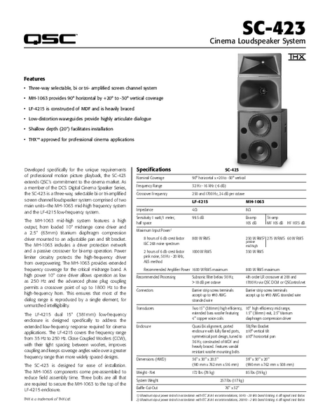 Specifications Sheet for the SC-423 Cinema Loudspeaker
