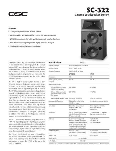 Specifications Sheet for the DCS-SC-322 Loudspeaker