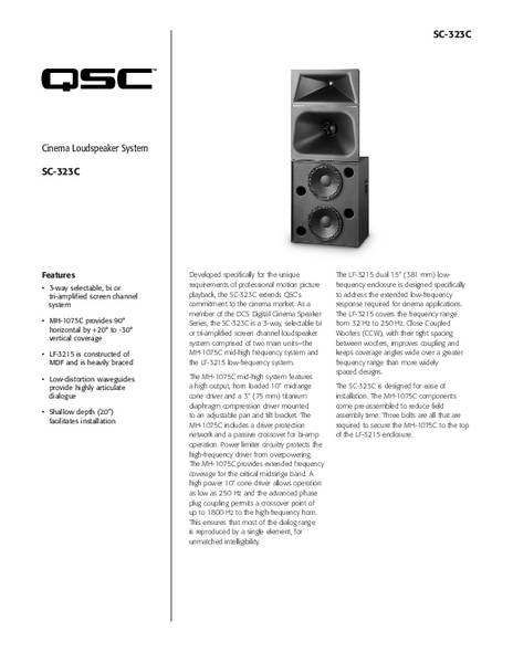 Specifications Sheet for the DCS-SC-323C Loudspeaker System