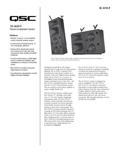 Specifications Sheet for the DCS-SC-423C-F Loudspeaker