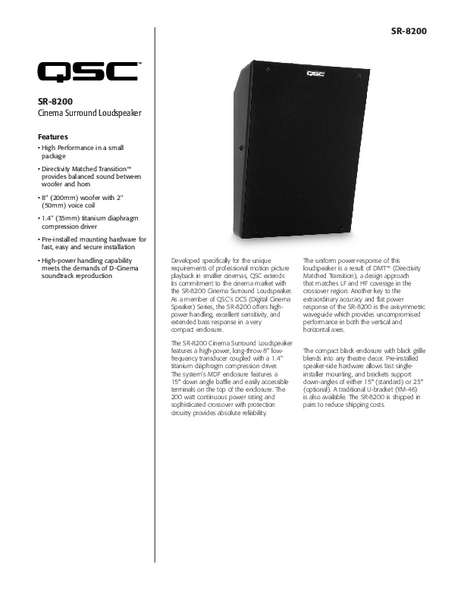 Specifications Sheet for the SR-8200 Loudspeaker